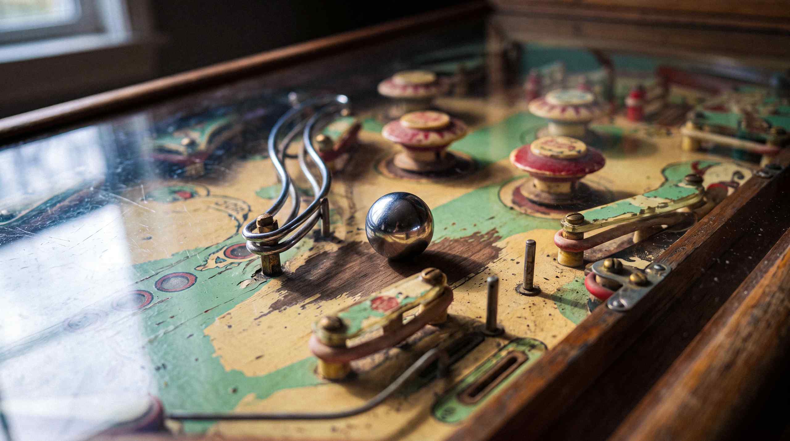 An extremely old, primarily wood, pinball machine.